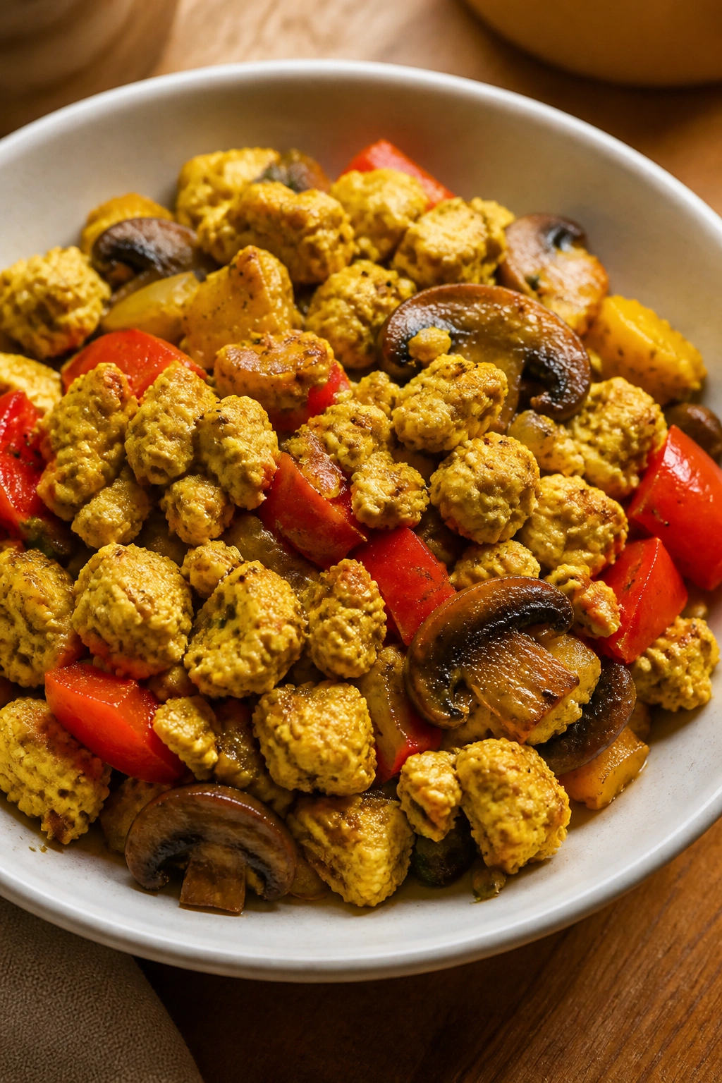 Close-up of tofu scramble with peppers and mushrooms on a plate