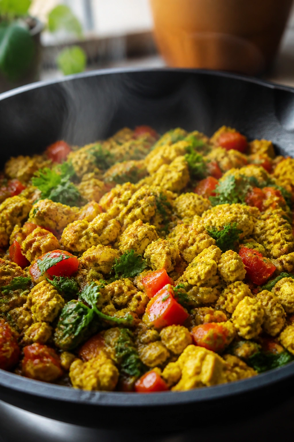 Close-up of tofu scramble with peppers and turmeric in a pan.