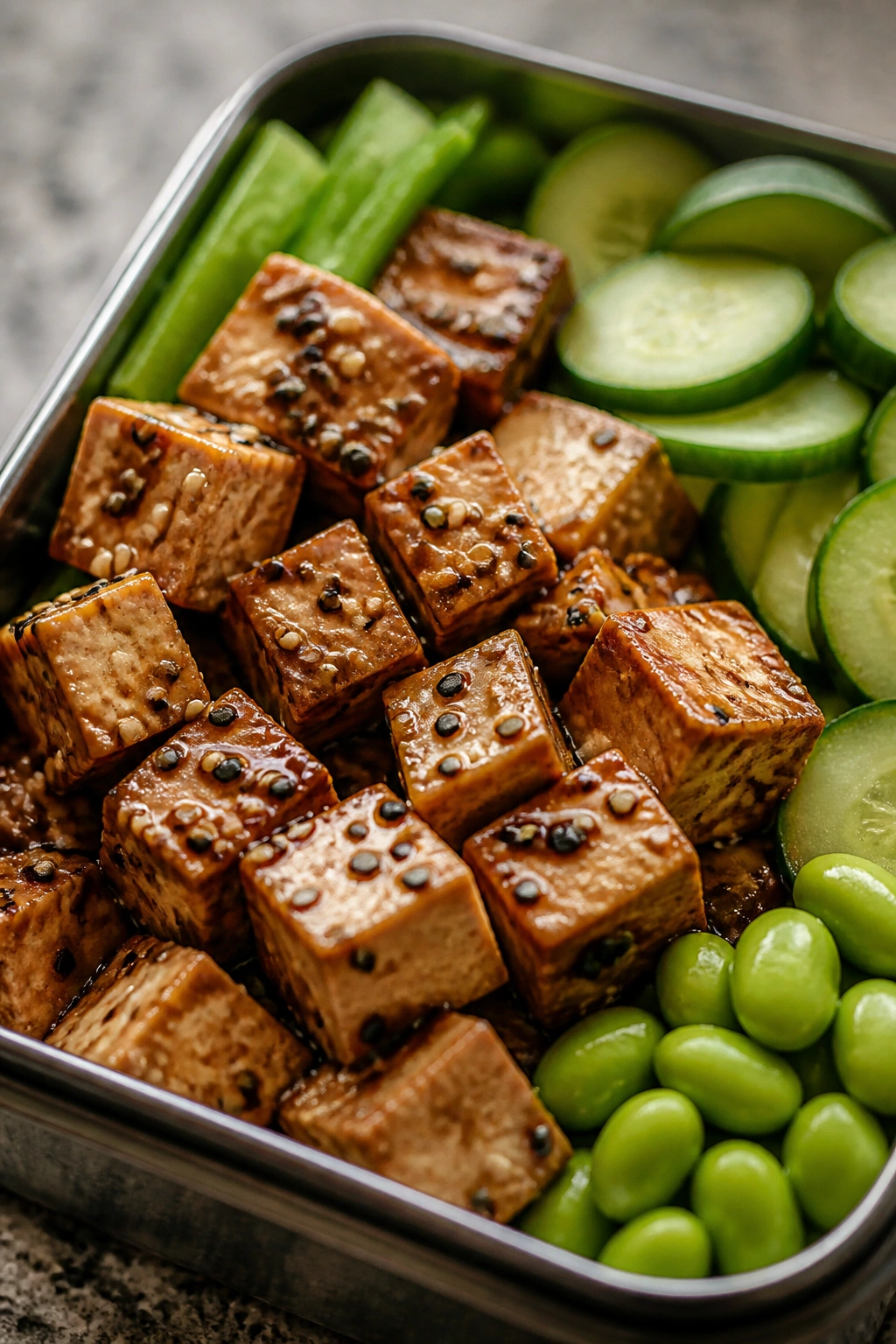 Close-up of tofu sesame snack box with cubed tofu and cucumber on a kitchen counter