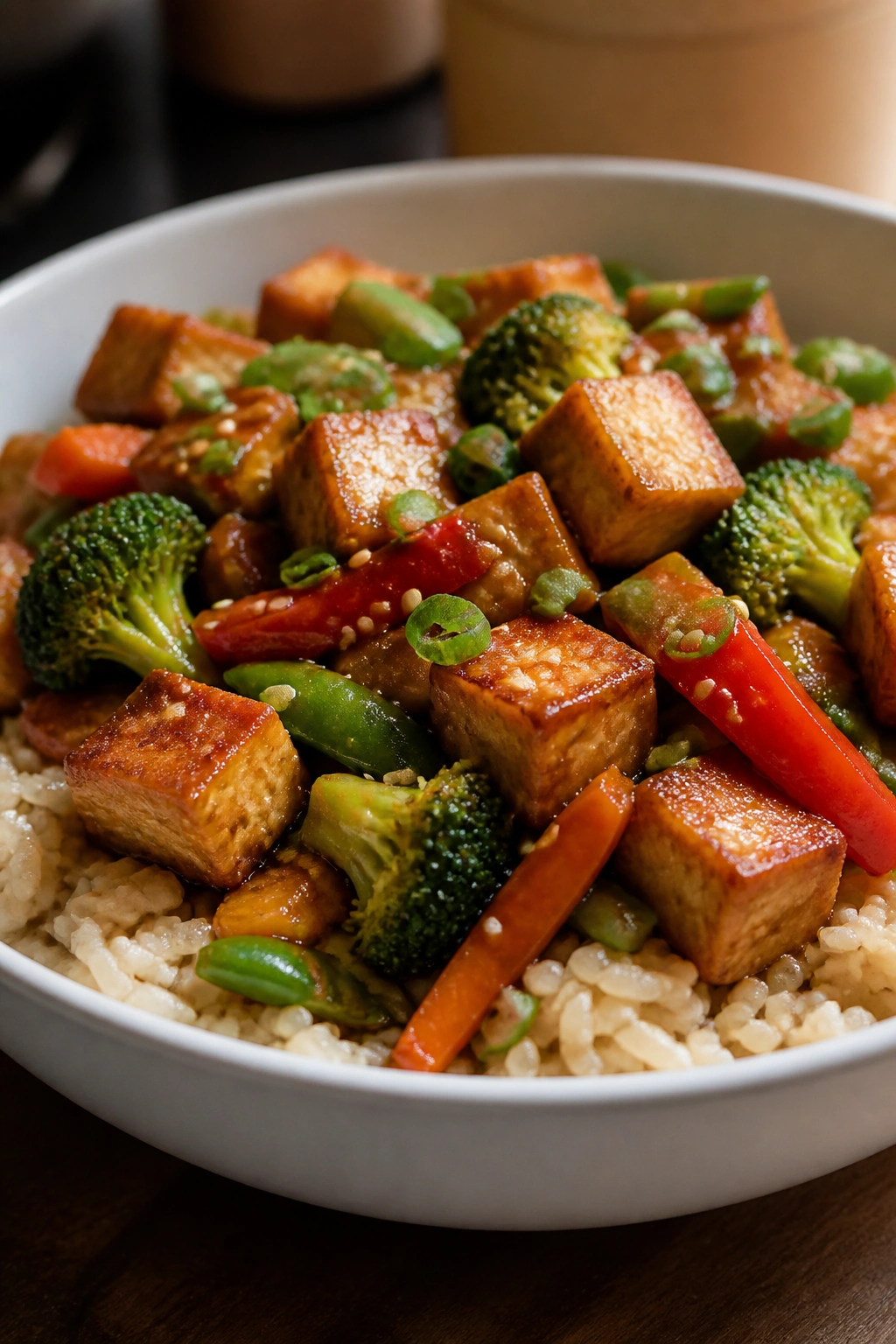 Crisp tofu and colorful vegetables over brown rice in a white bowl