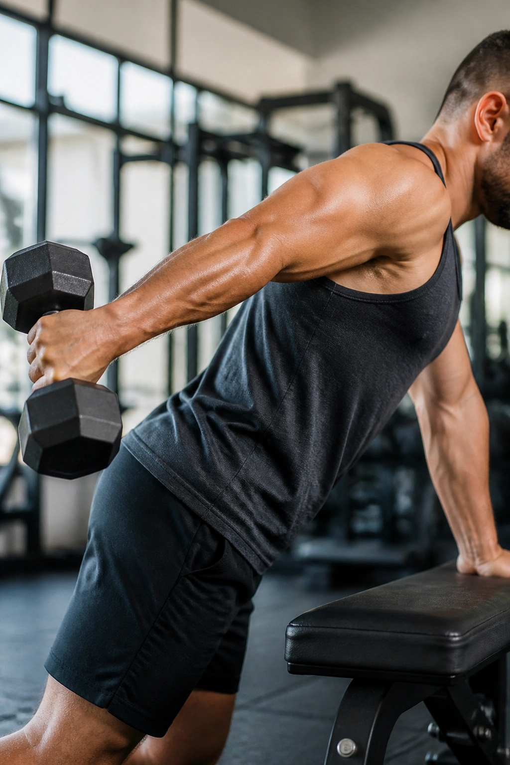 Arm fully extended at top position in isometric kickback hold