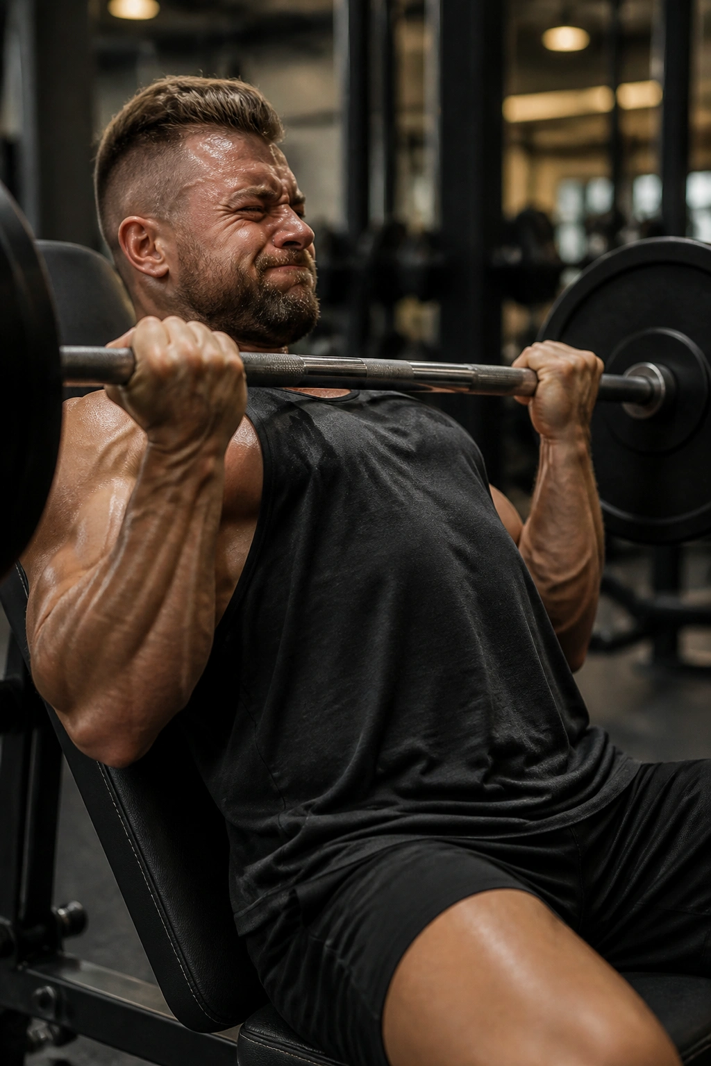 Close-up of lifter performing a heavy top set in gym with loaded barbell