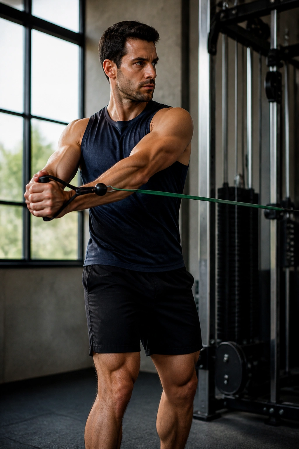 Person performing standing torso rotations with resistance band