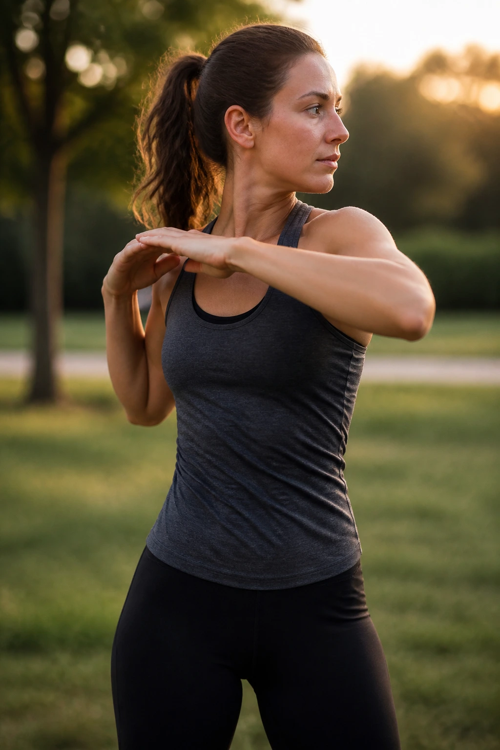 Person performing standing torso twist in a park