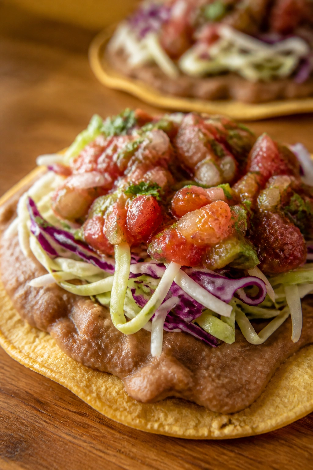 Crispy tostada with refried beans and toppings