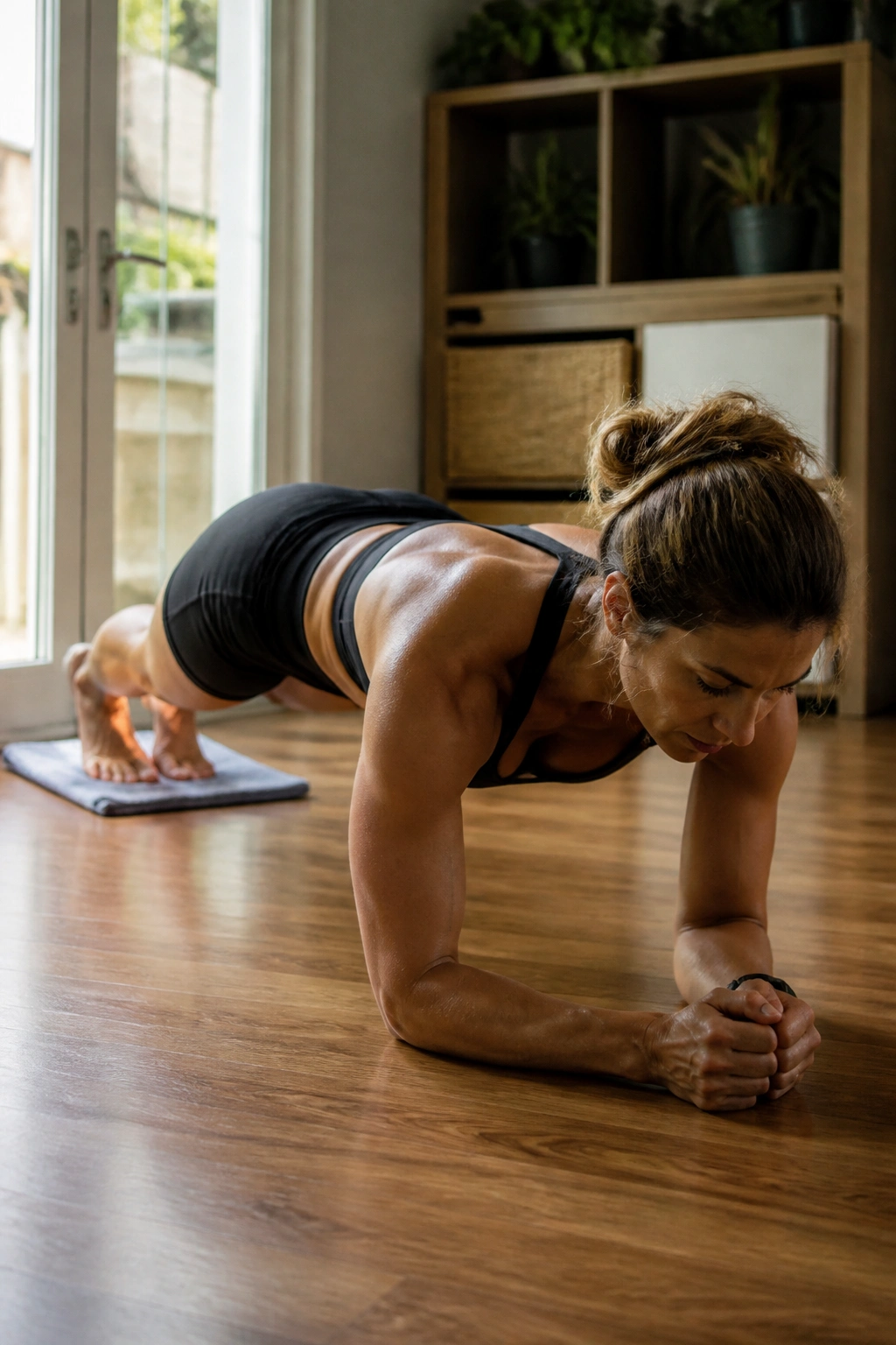 Close-up of a person performing towel body saw anti-extension exercise on hardwood floor.
