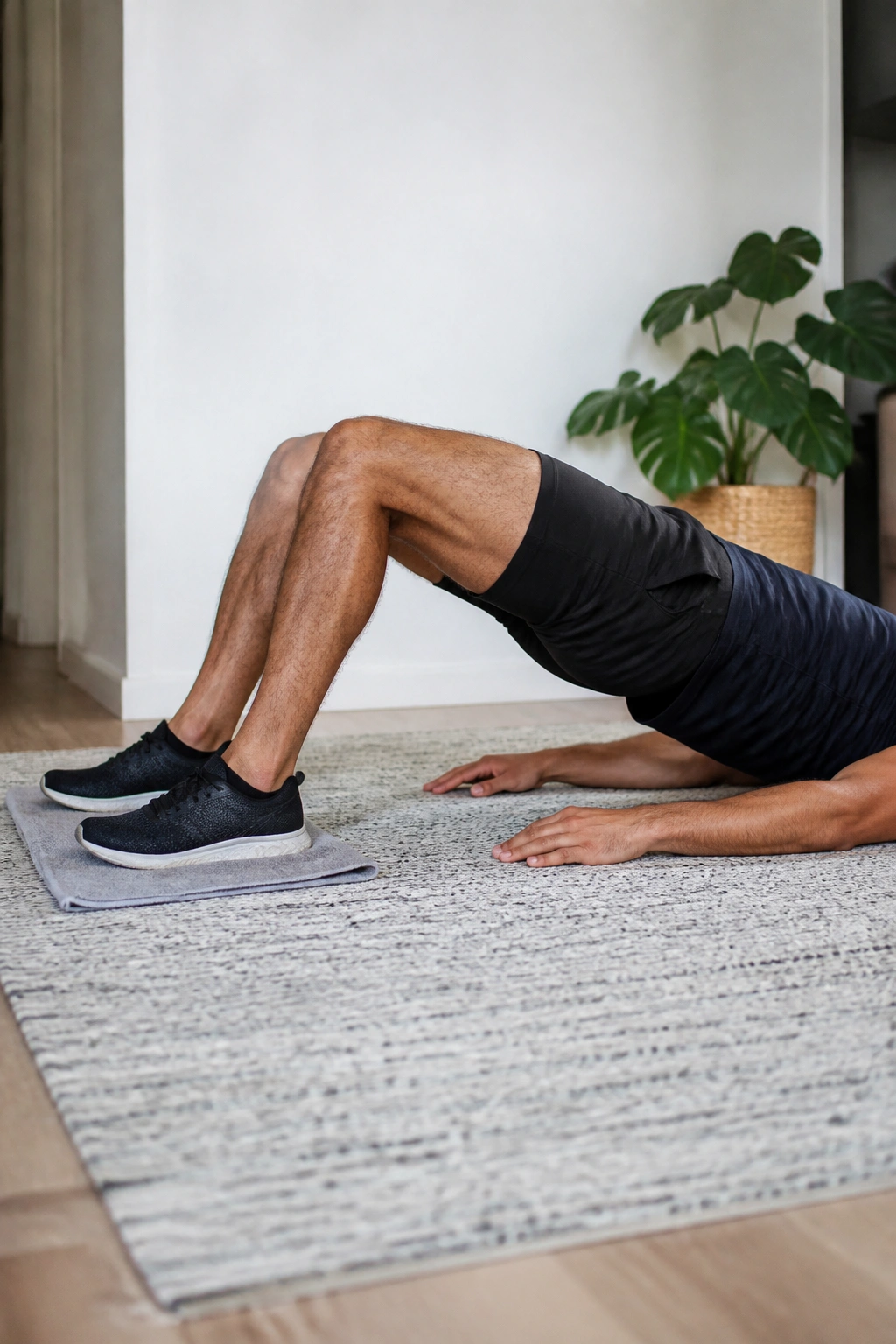 Person performing towel hamstring curls on a rug