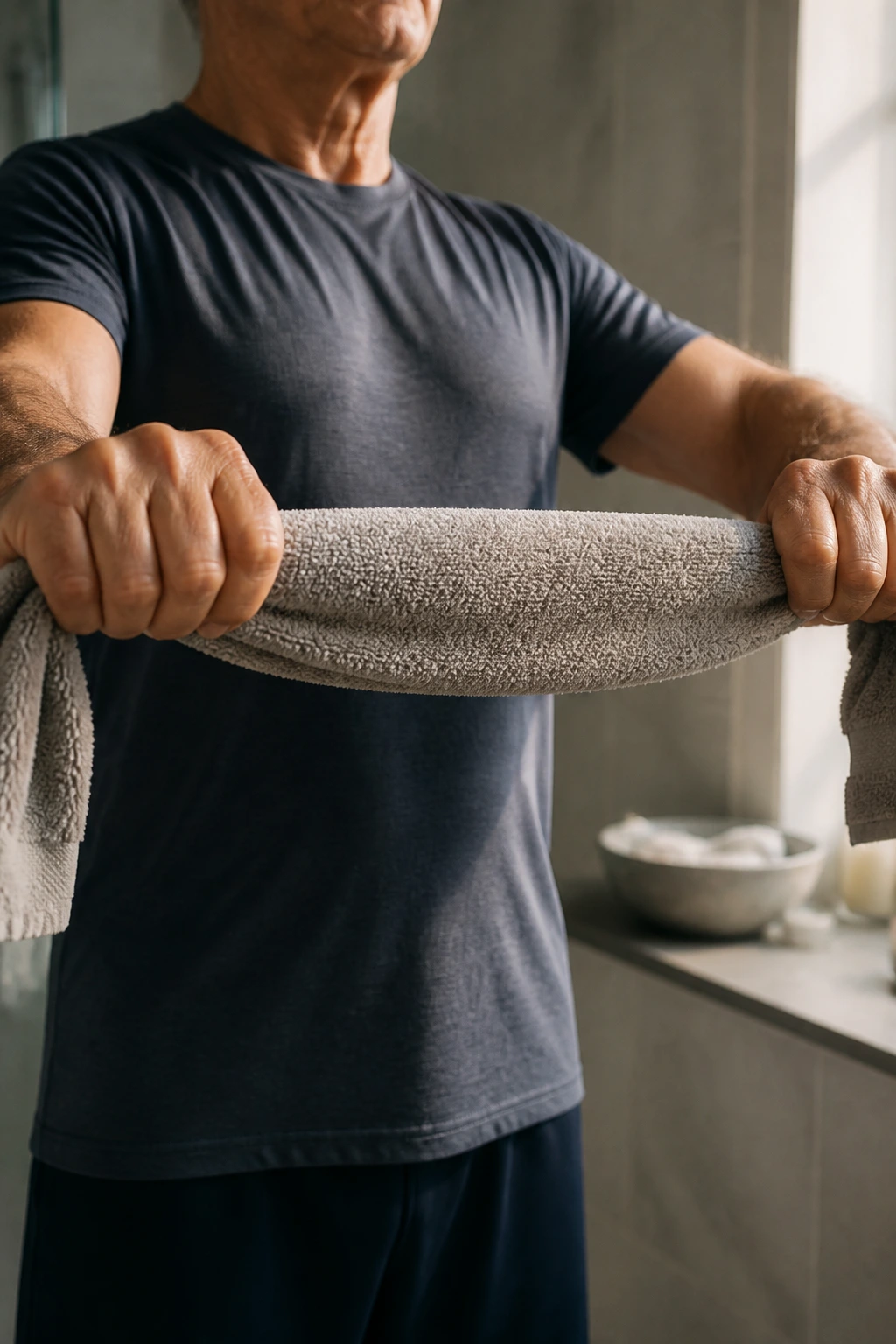 Close-up of hands pulling a towel to work the upper back in a home bathroom.