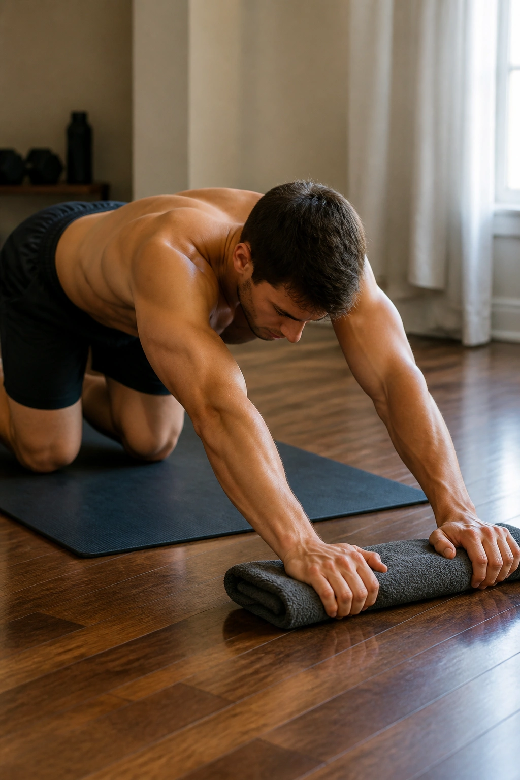 Close-up of a person performing towel rollouts on a wooden floor, core engaged