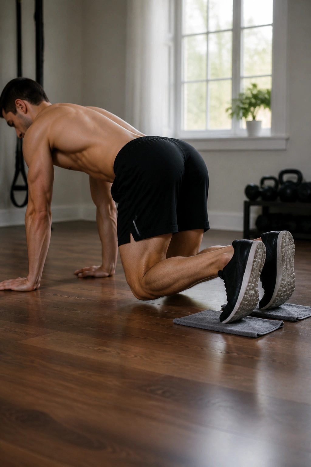 Person sliding towels under heels to perform hamstring curls on a smooth floor.