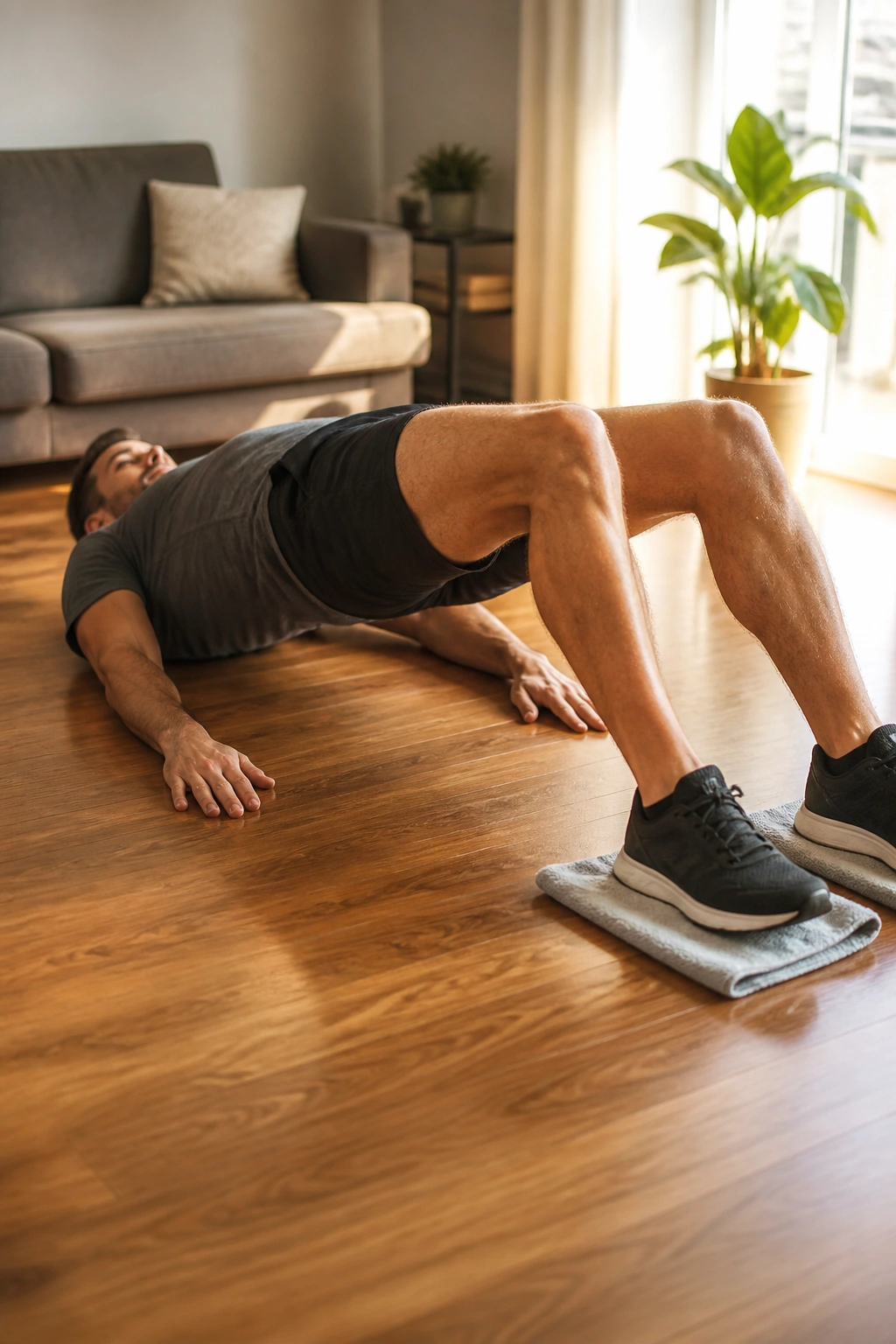 Close-up of a person performing towel slider hamstring curls on a hardwood floor with towels under heels