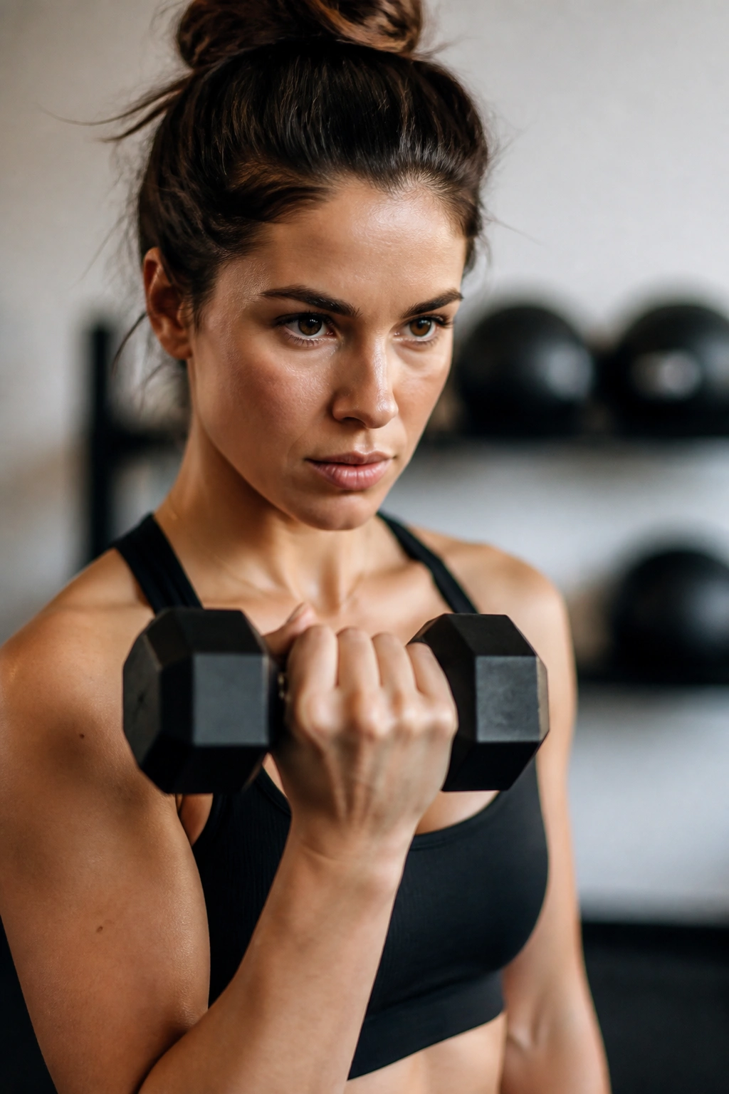 Close-up of a person holding a single dumbbell in a minimal gym
