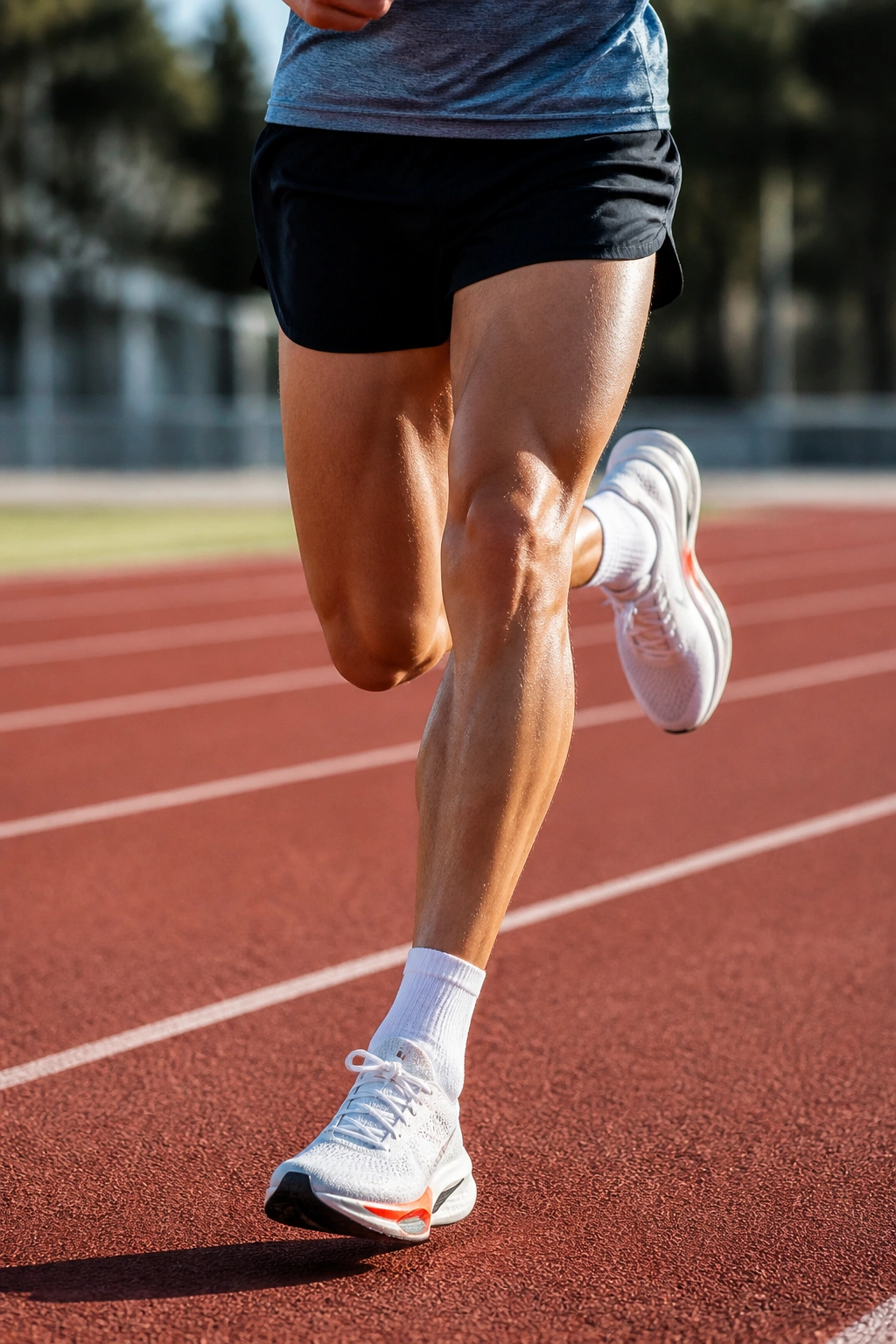 Runner performing track repeats on outdoor track with sharp leg turnover.