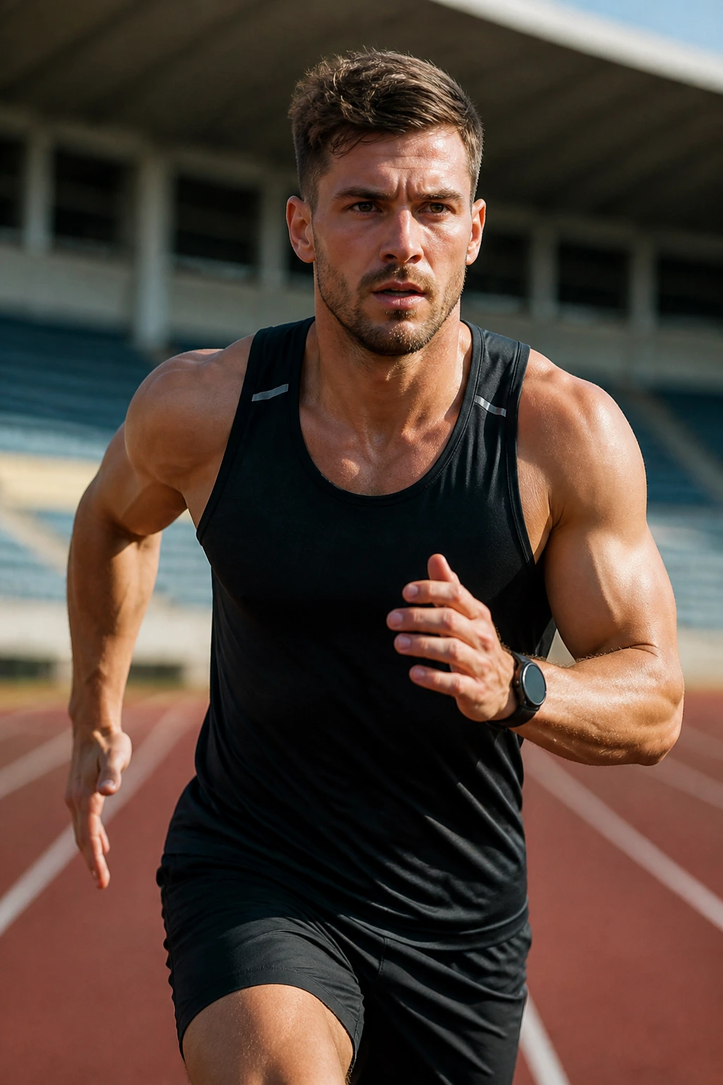 Athlete running on track showing upper-body engagement