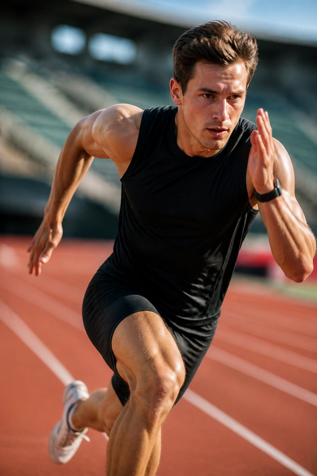 Runner sprinting on a track, demonstrating focused speed work.