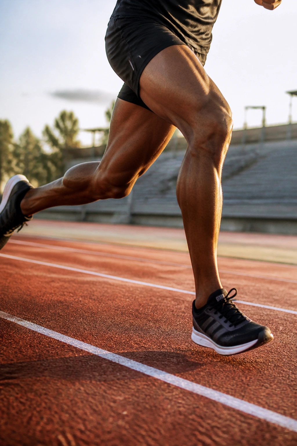 Close-up of a sprinter's legs mid-stride on a track during interval sprint.