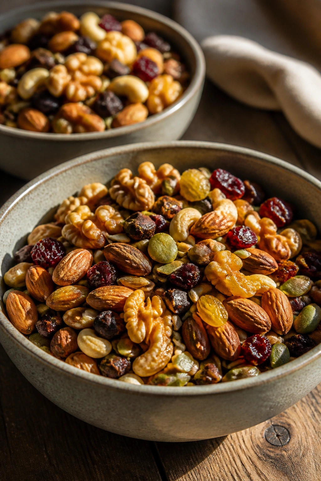 Two bowls of trail mix with nuts and dried fruit on a wooden table