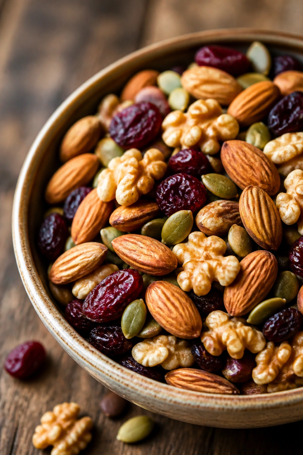 Close-up of trail mix with nuts and dried fruit