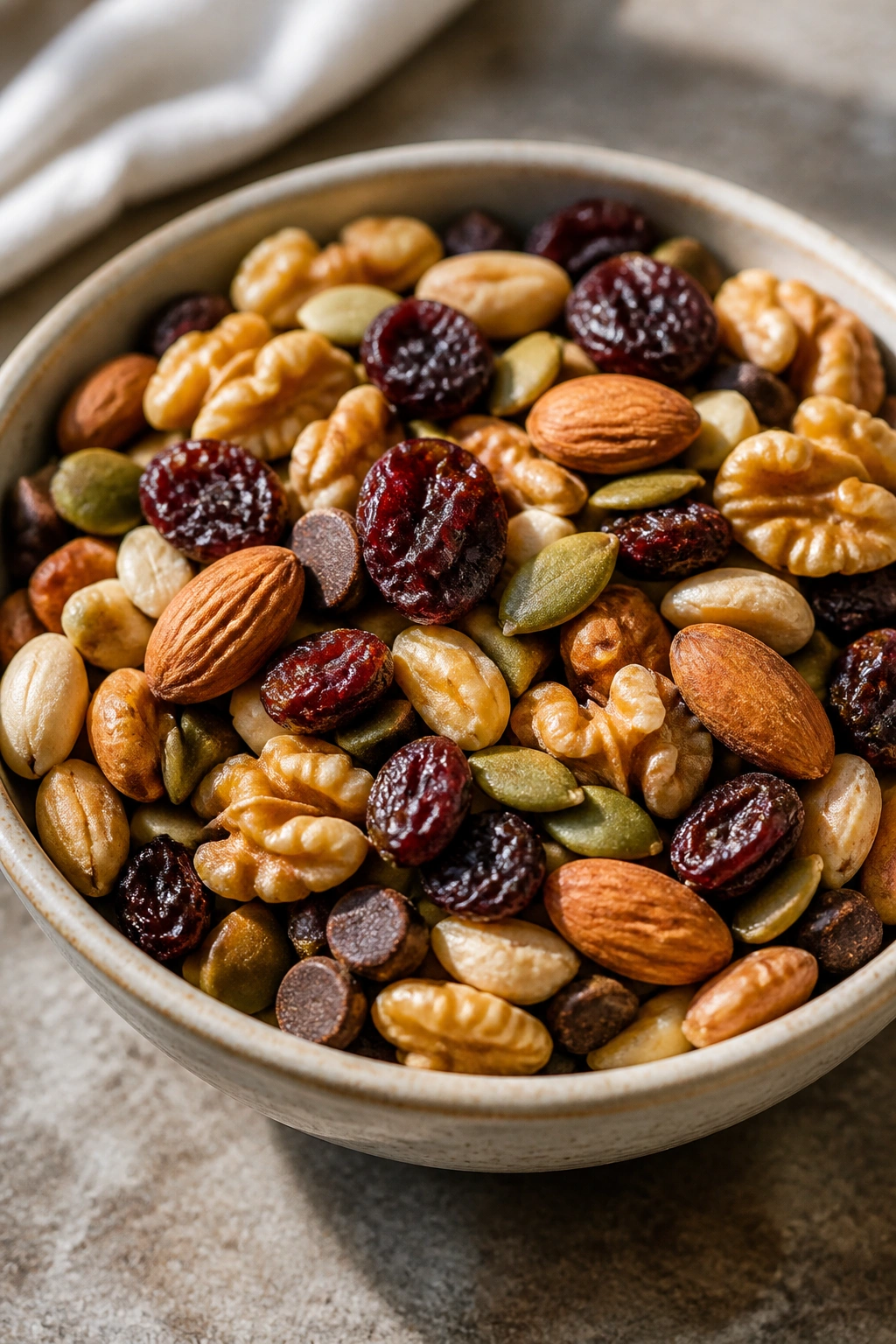 Close-up of trail mix with nuts seeds and dried fruit in a bowl