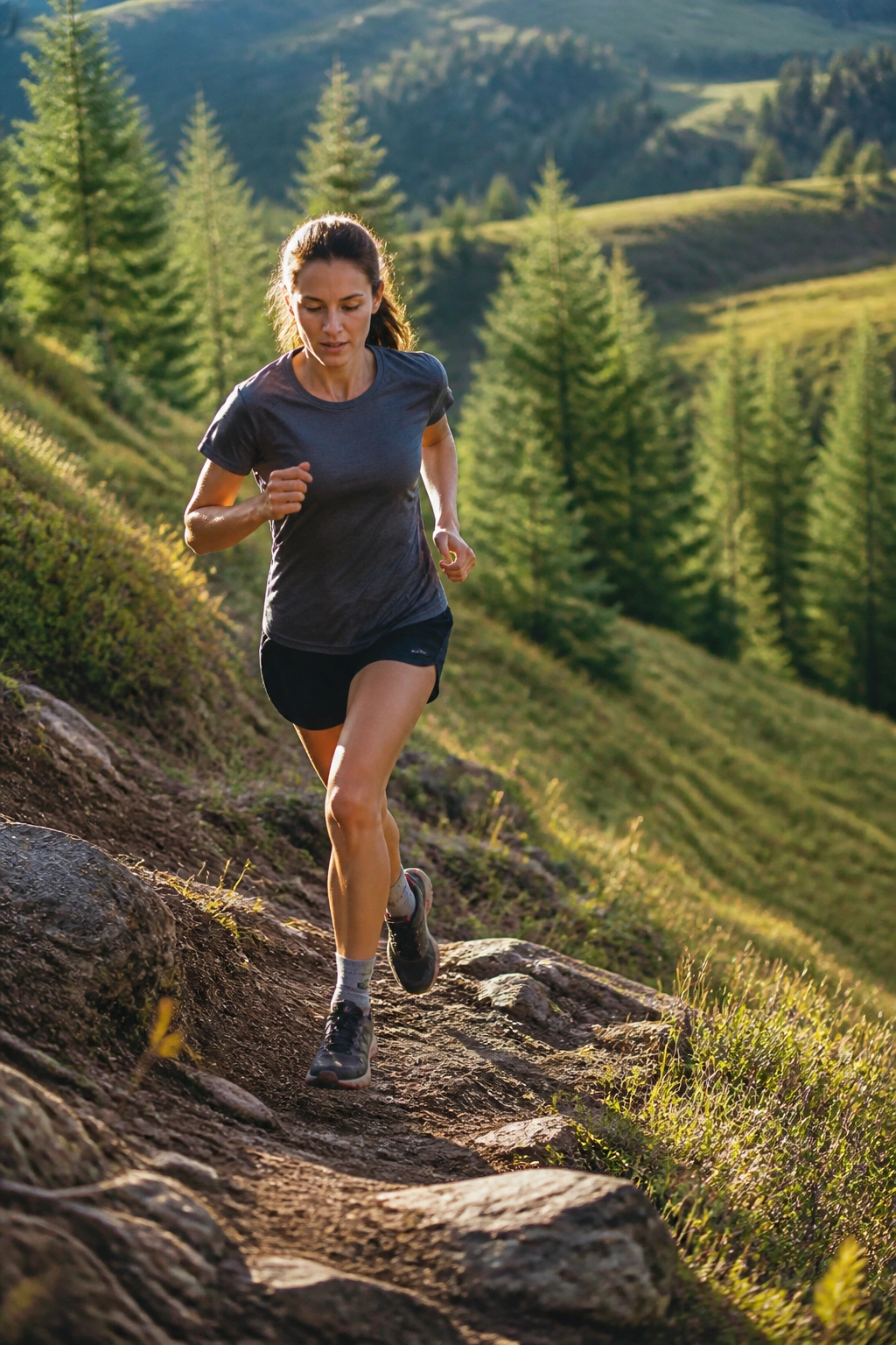 Runner on forest trail with rolling terrain and dappled light