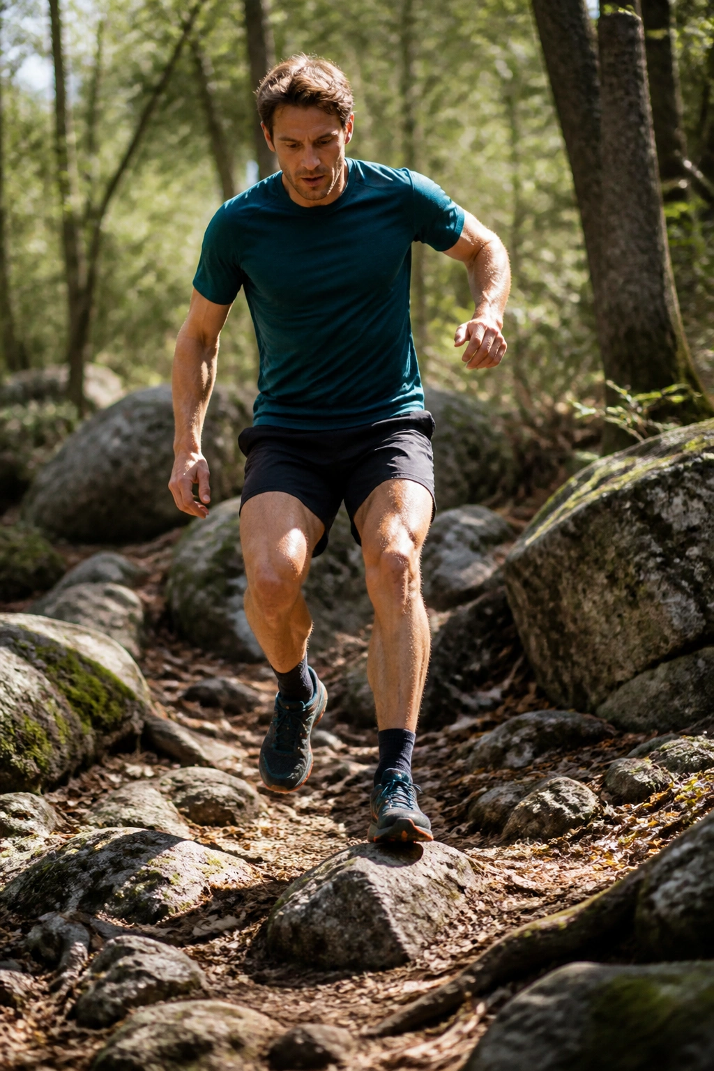 Runner maintaining balance on uneven forest trail