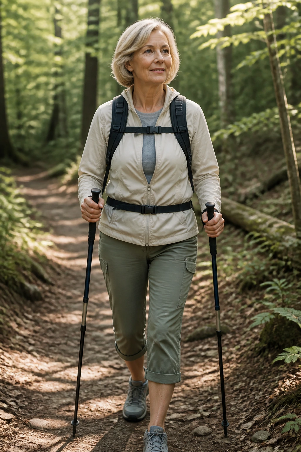 Woman walking with trekking poles on forest trail