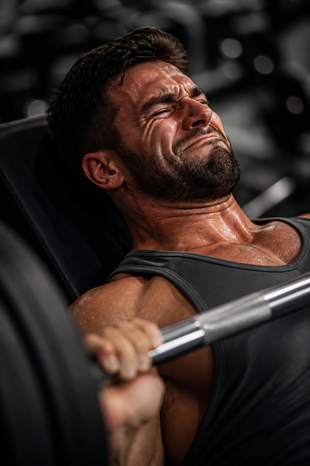 Lifter's strained face during an attempted rep illustrating training to failure