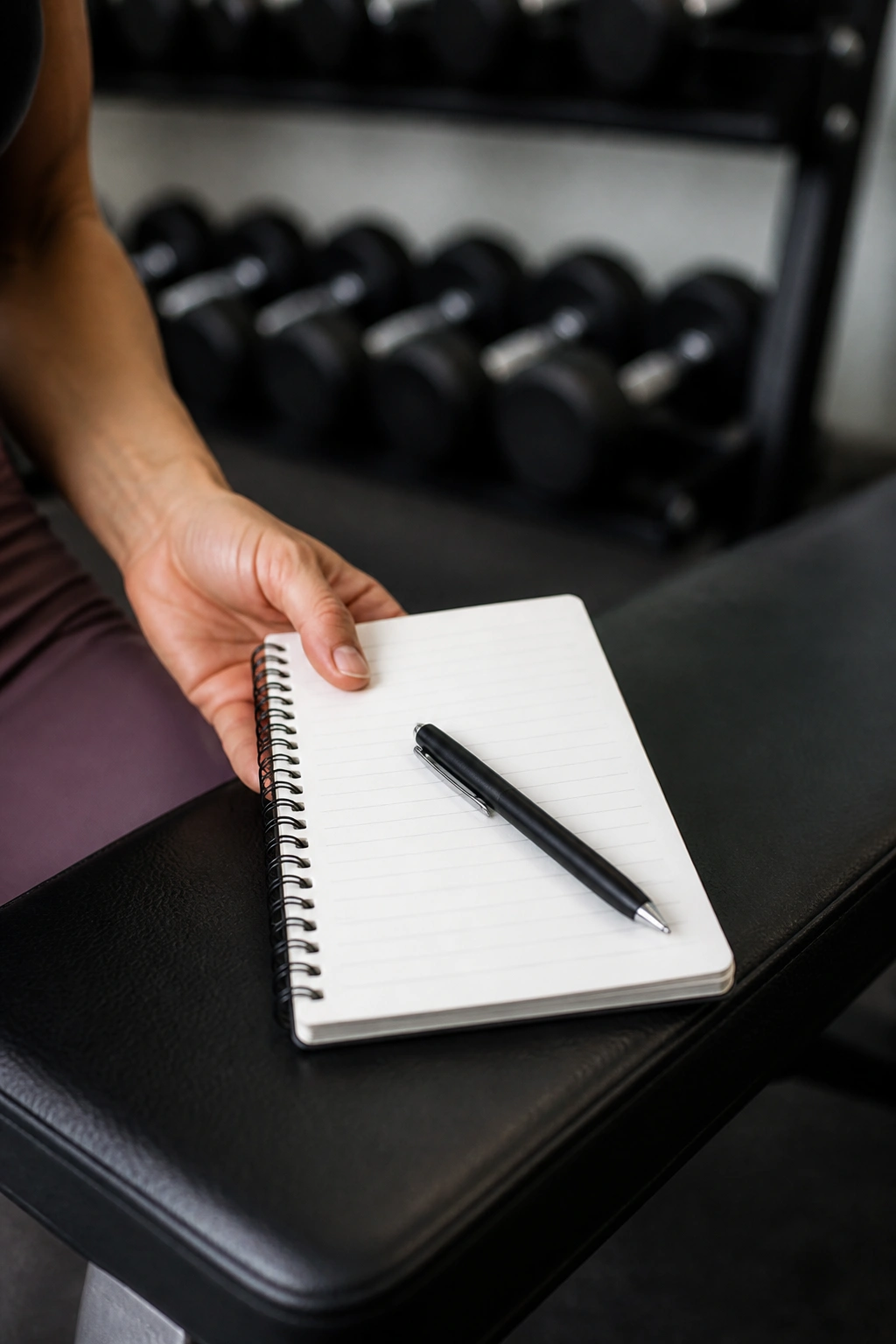 Close-up notebook and pen on a gym bench