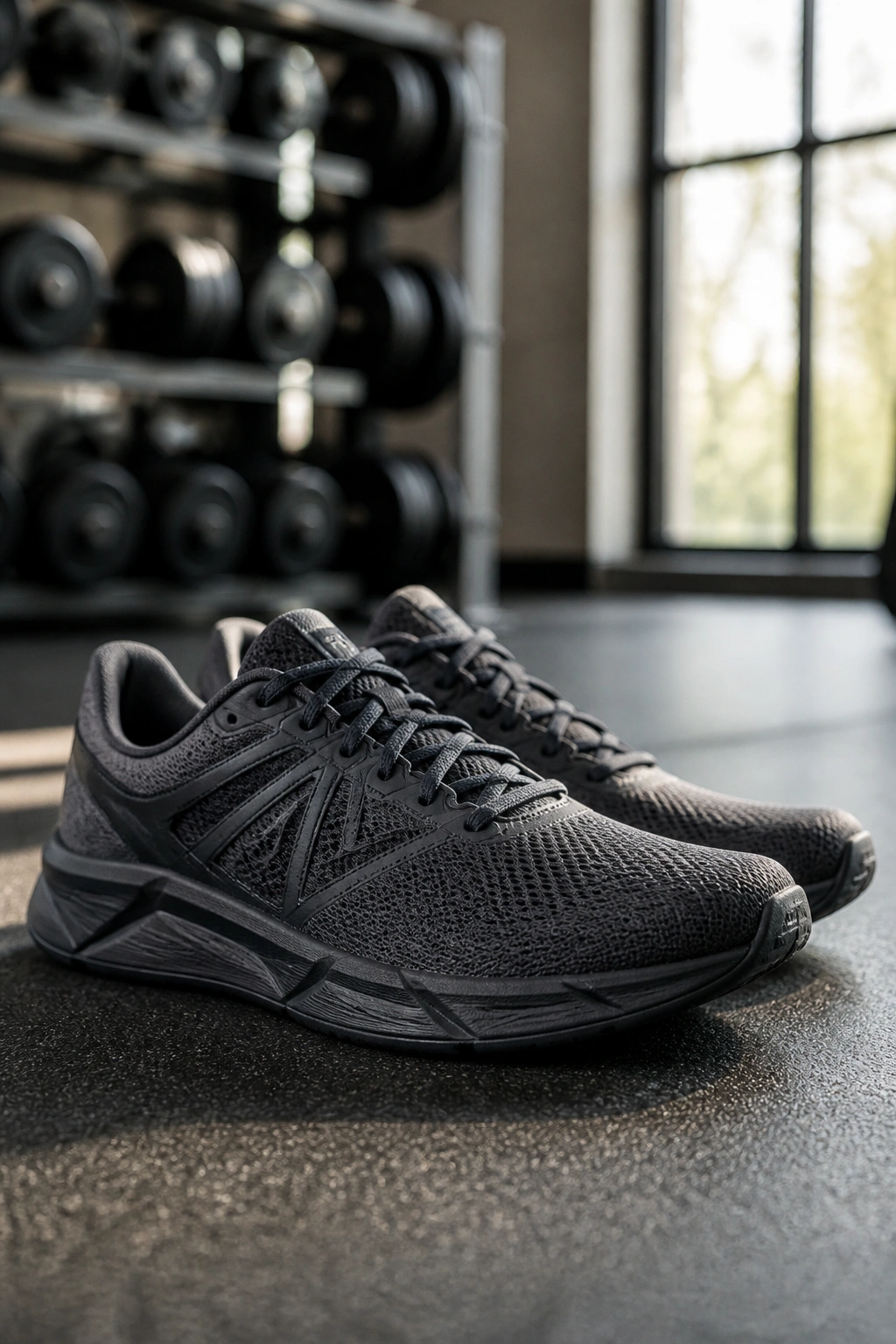 Close-up of training shoes designed for mixed workouts on gym floor