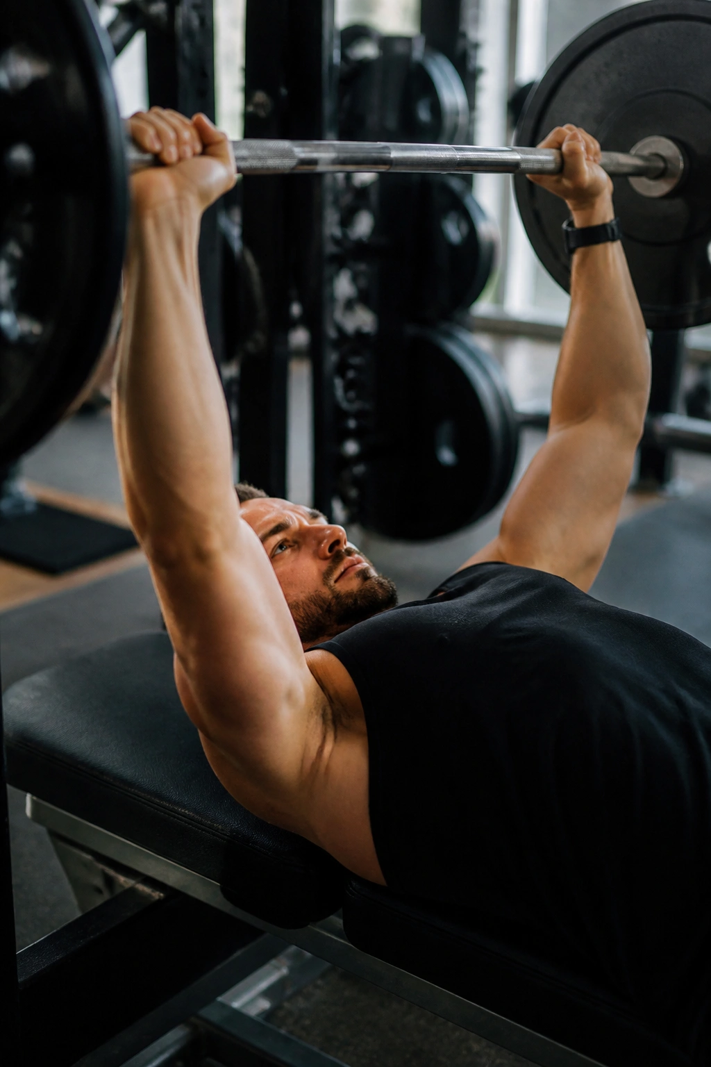 Medium close-up of a person bench pressing in a gym