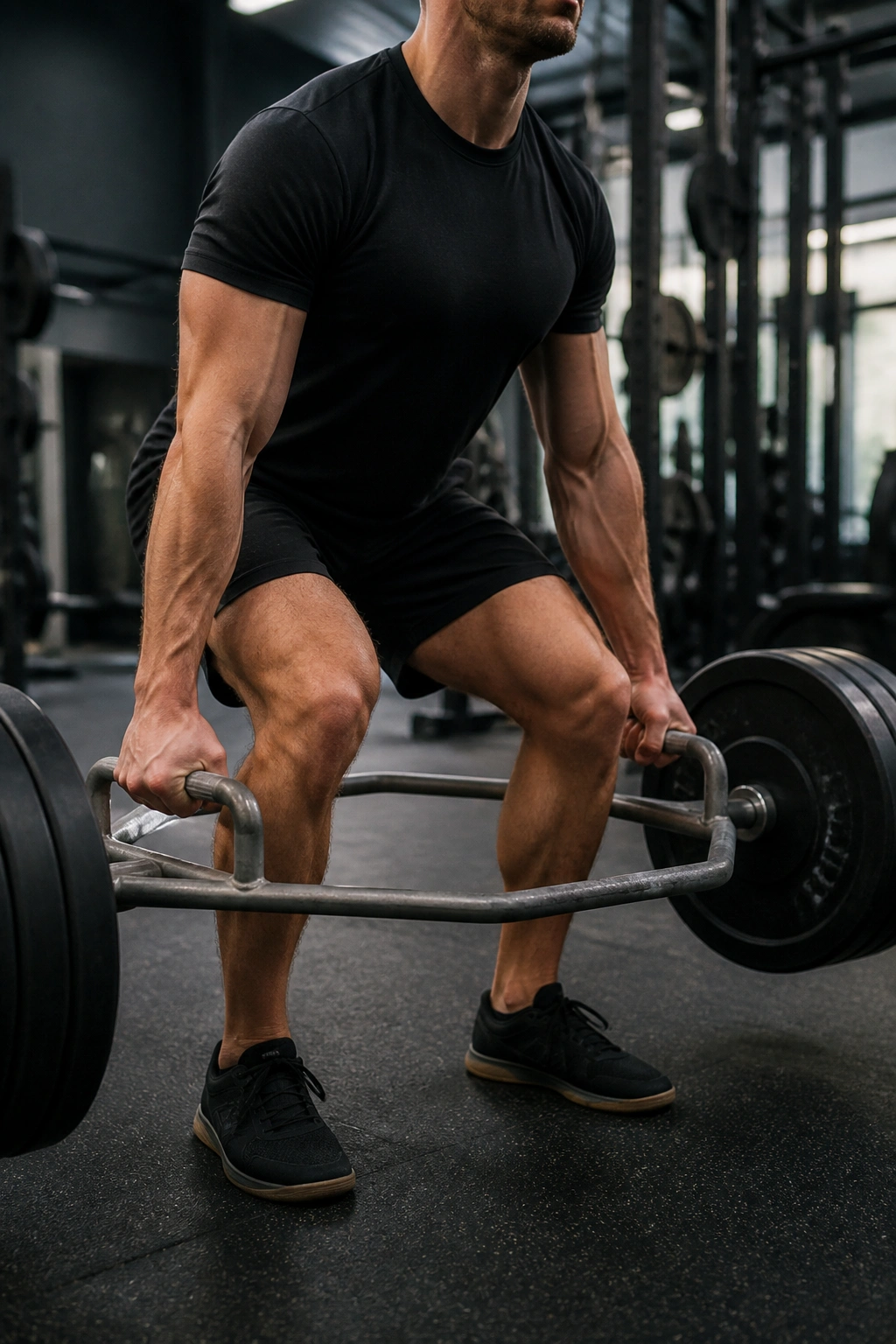 Close-up of hands gripping hex trap bar during deadlift in gym