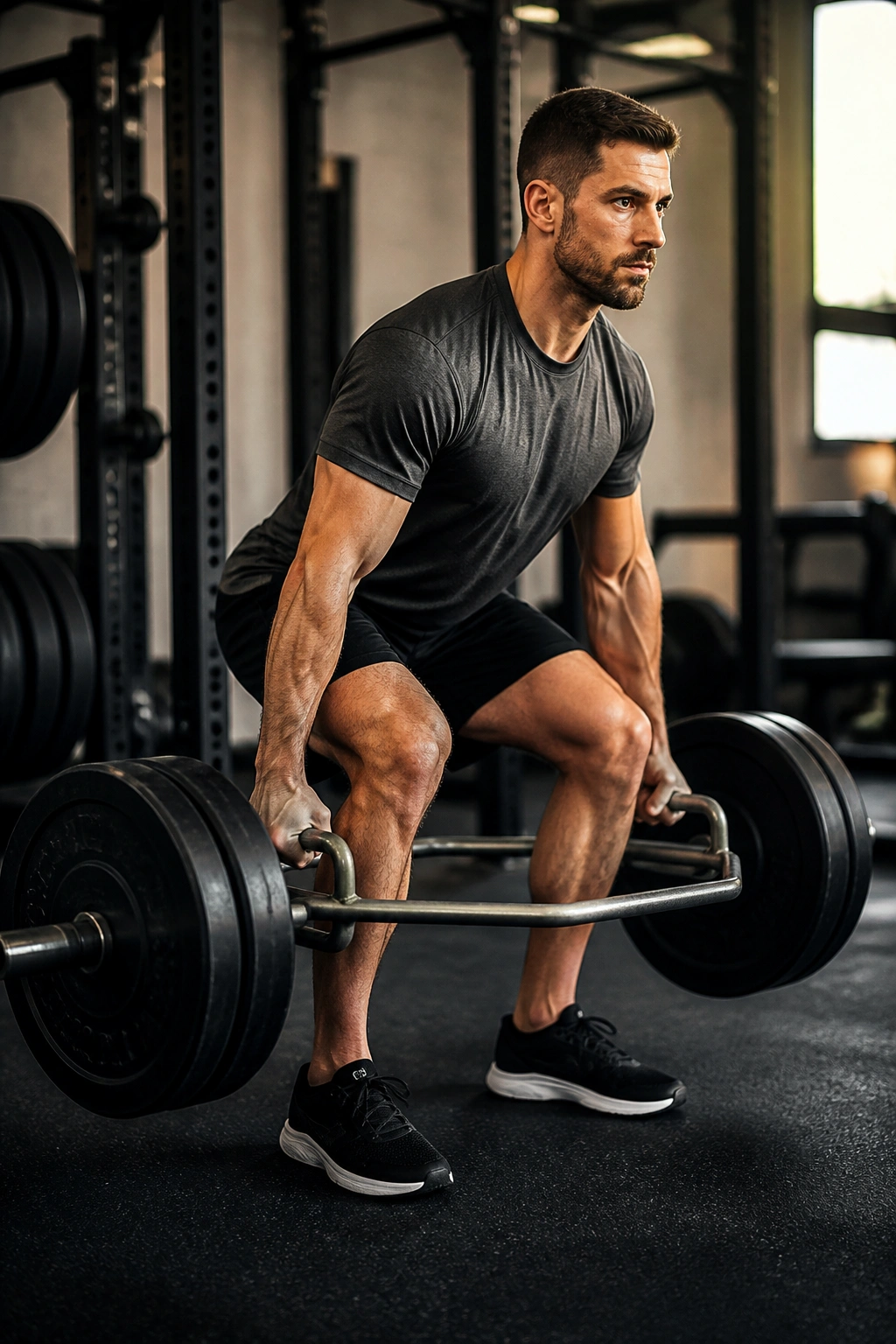 Real athlete performing trap bar deadlift in a gym, focused on form with hex bar