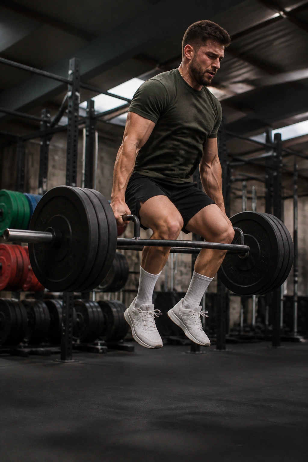Close-up of athlete performing trap bar jump deadlift in a gym