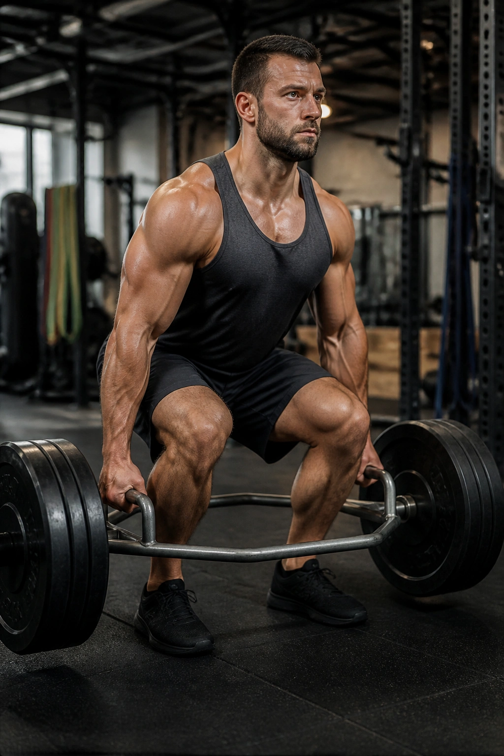 Lifter performing trap bar deadlift in gym setting