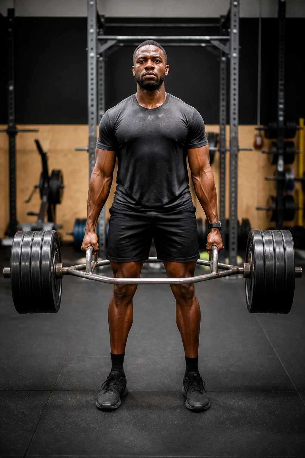 Lifter performing trap-bar deadlift with a centered trap bar in a gym.