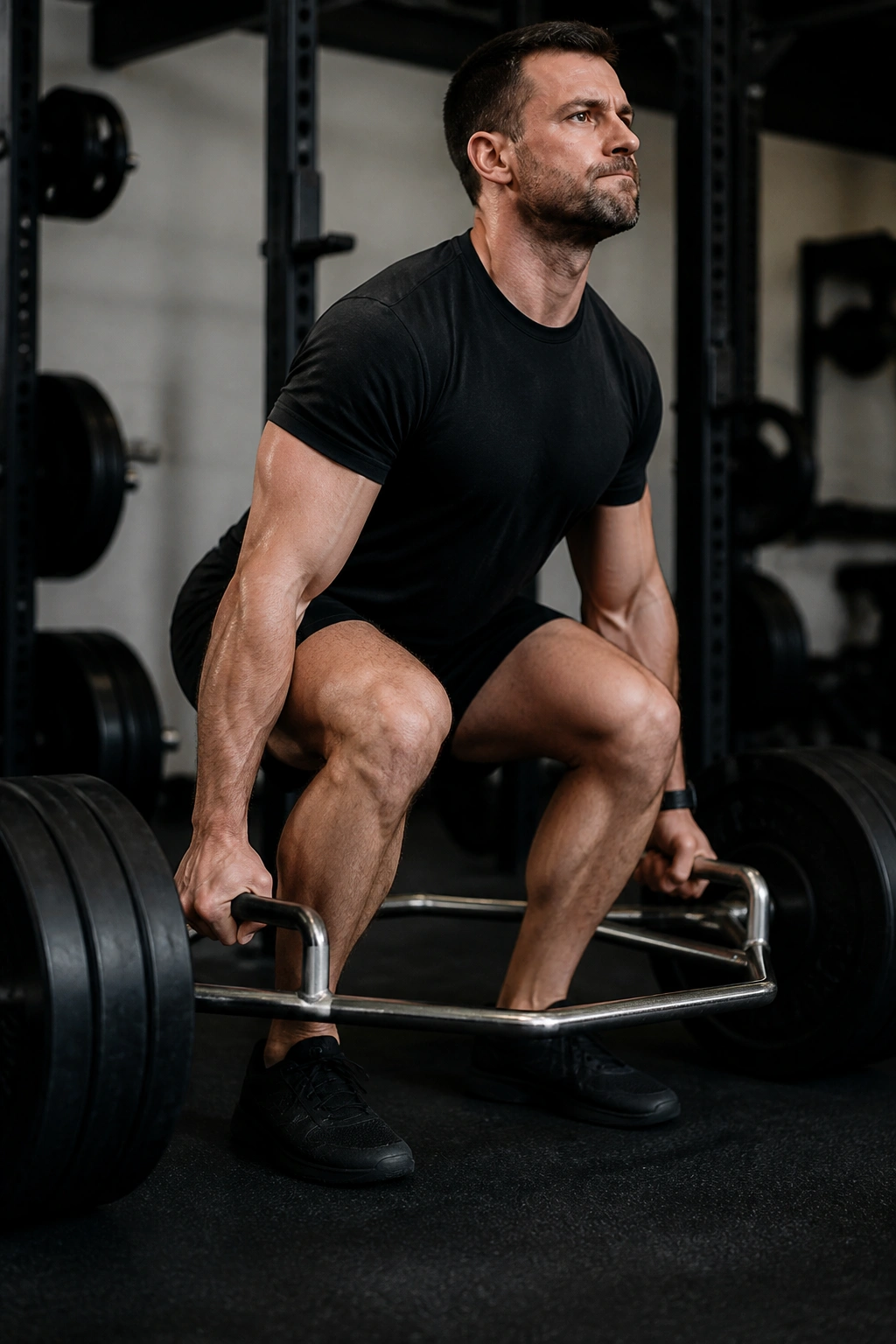 Close-up of lifter inside trap bar performing deadlift in gym