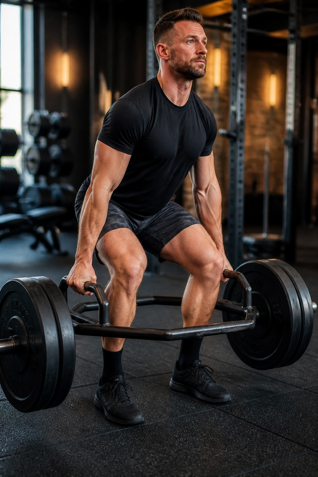 Close-up of lifter performing trap bar deadlift