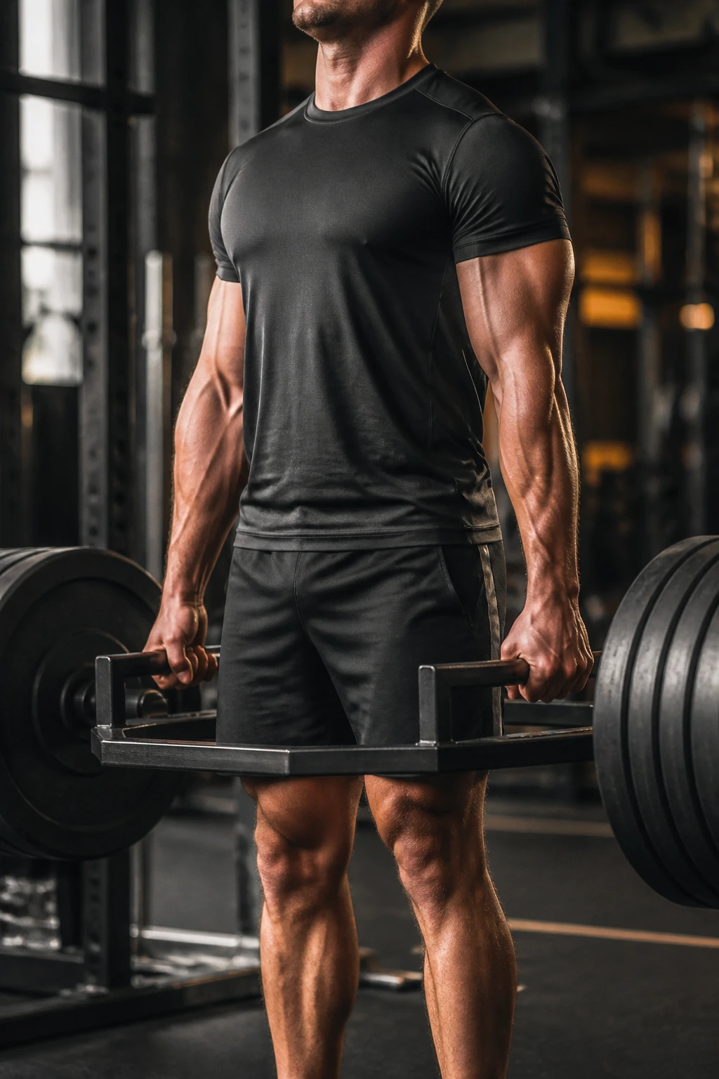 Close-up of lifter gripping a loaded trap bar during a heavy deadlift hold