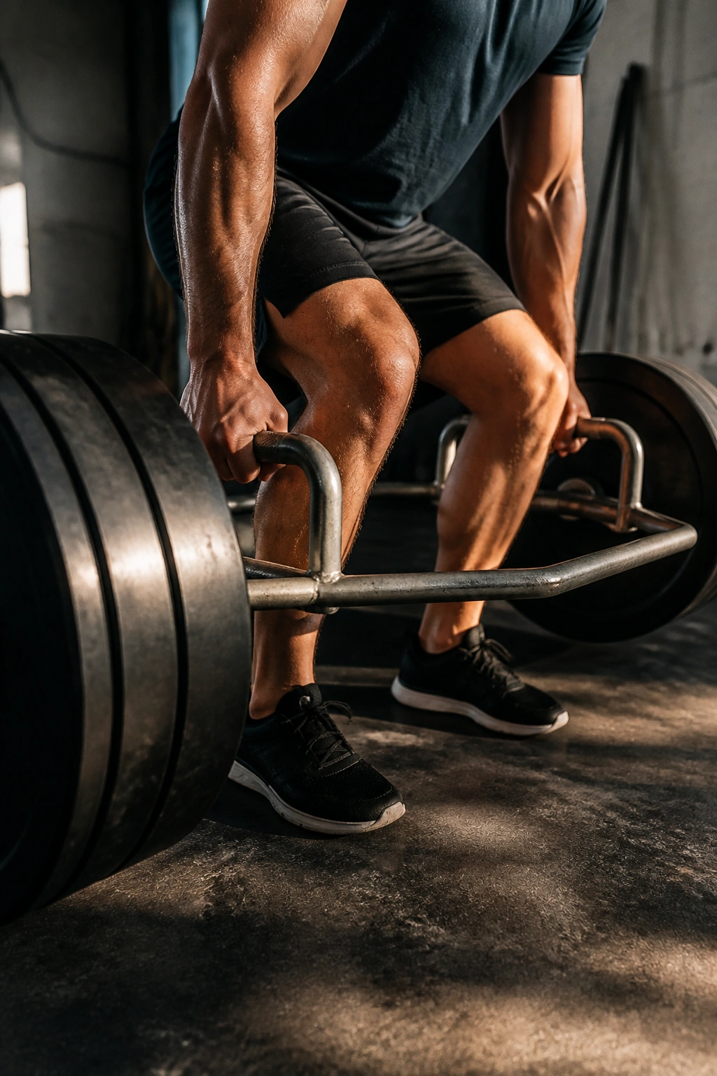 Close-up of a trap bar with loaded plates in a gym