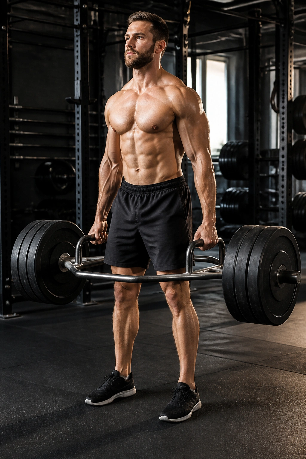 Person performing trap bar deadlift with proper form in gym
