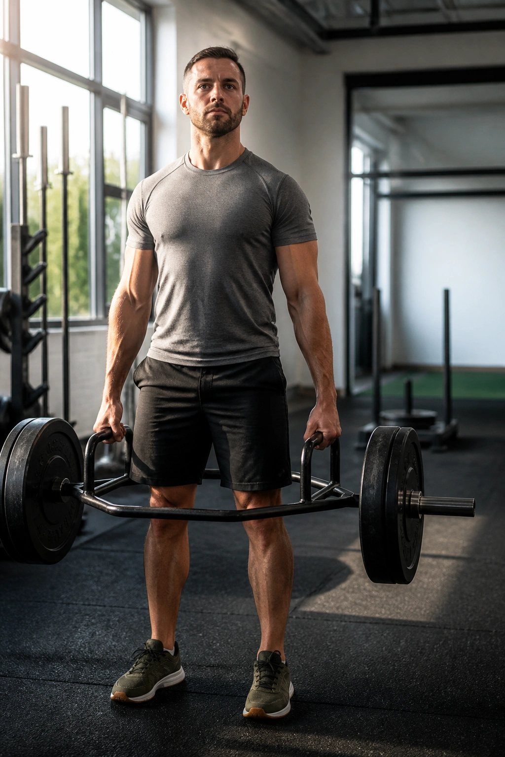 Braced lift with trap-bar deadlift in gym