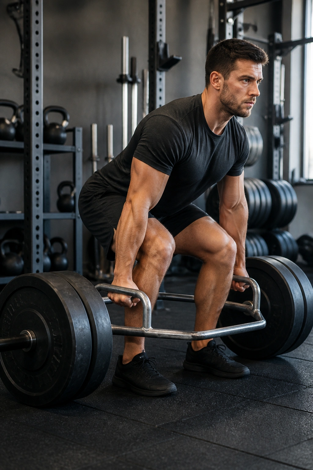 Lifter performing trap bar hinge in gym setting