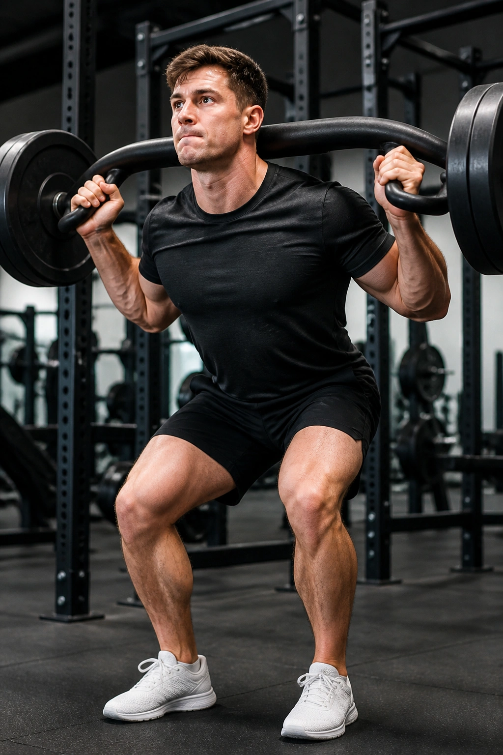 Lifter performing trap bar jump squats in a gym, bar on shoulders mid-jump