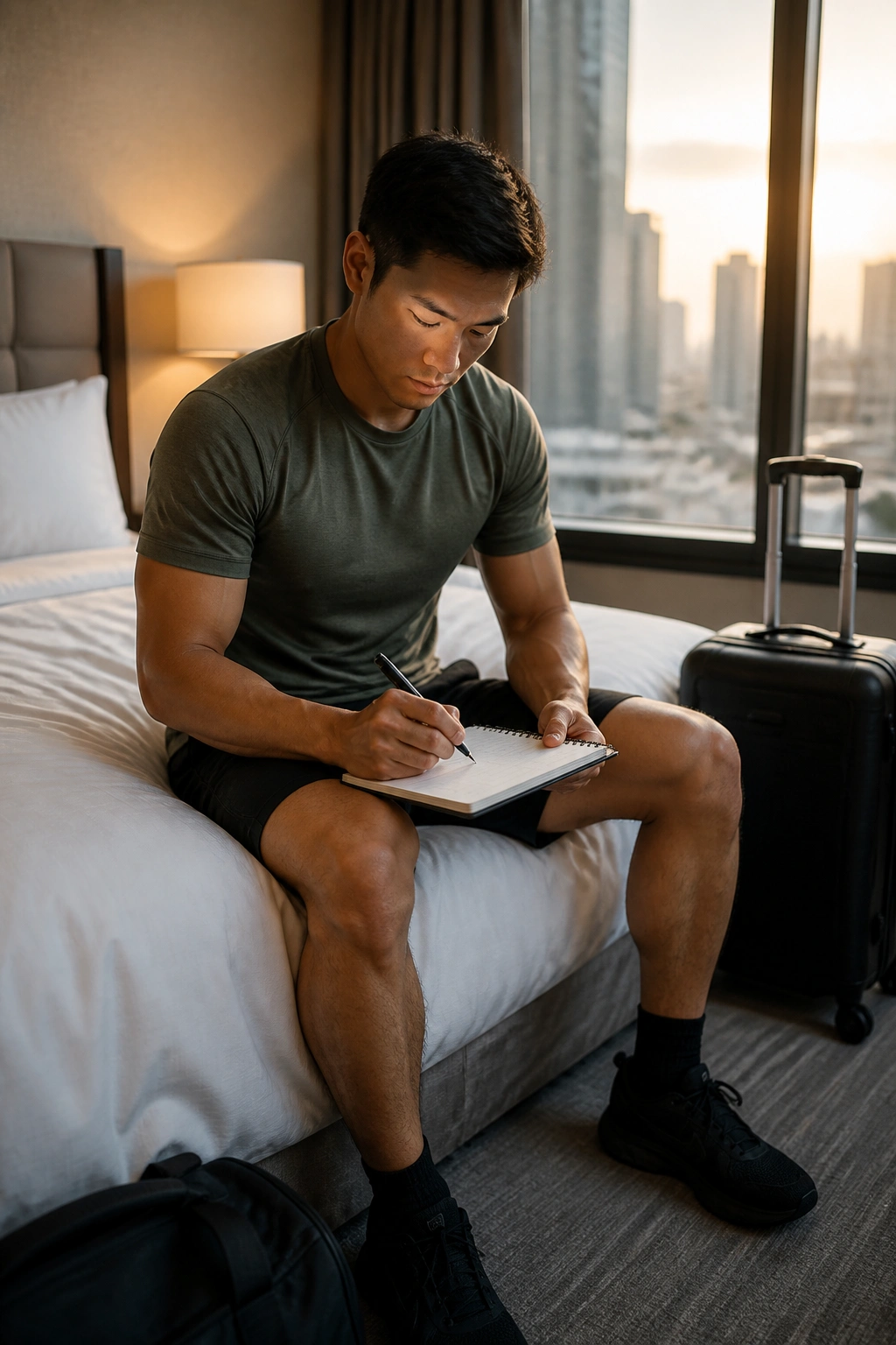 Person in hotel room with suitcase and notebook suggests disruption and planning