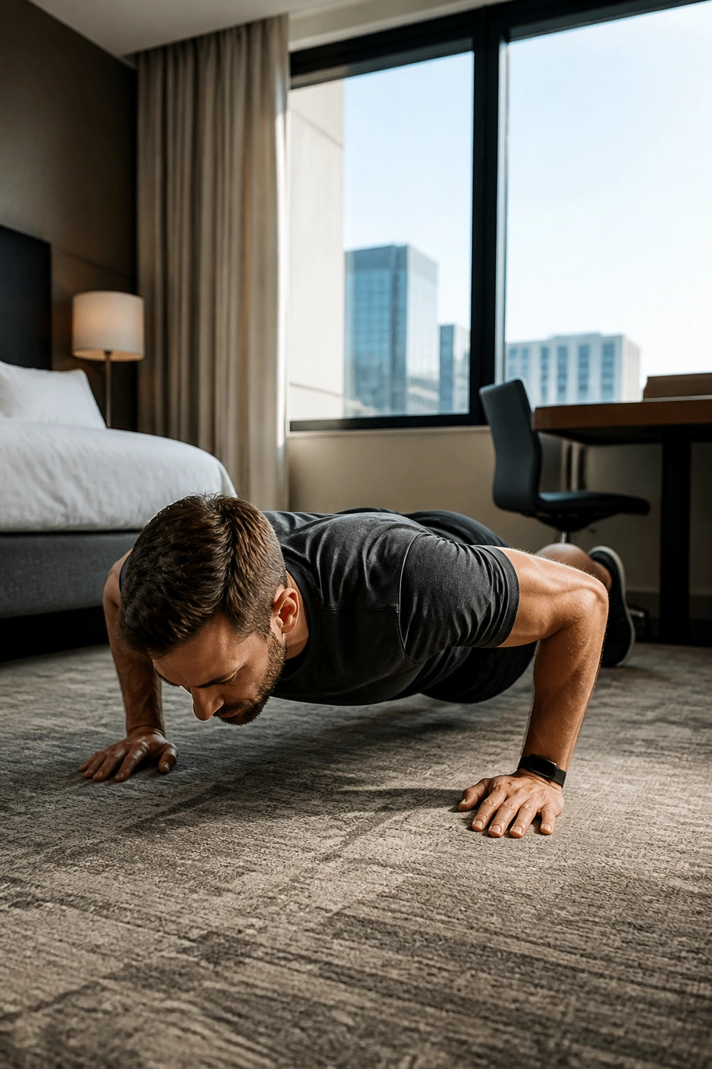 Person performing push-ups in a hotel room during travel workout