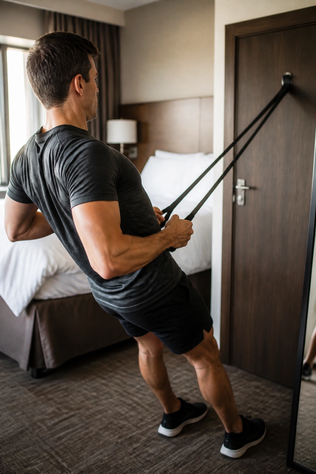Person exercising with resistance band in hotel room