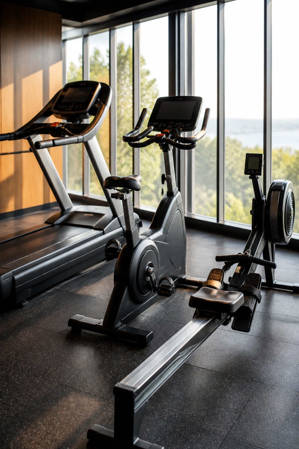 Three cardio machines (treadmill, bike, rower) filling the frame in a gym.