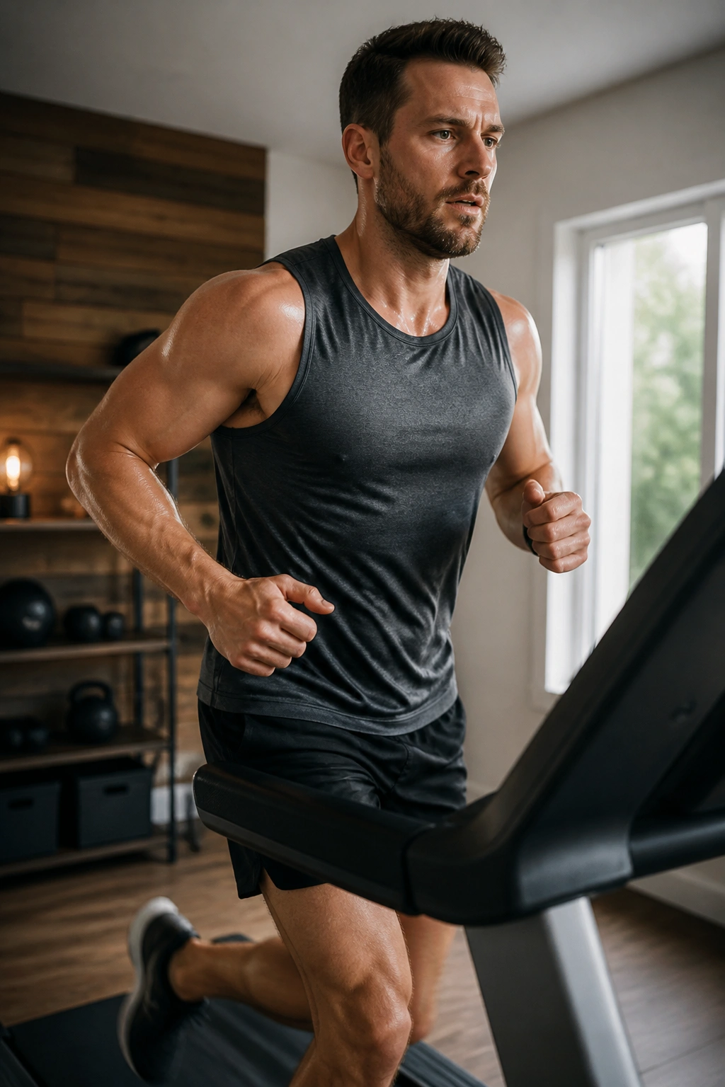 Focused runner on treadmill during negative split workout in a home gym