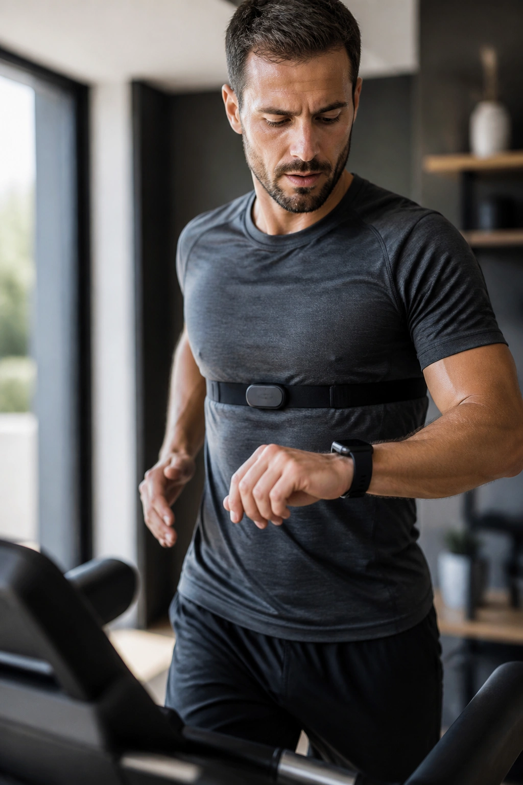Runner on treadmill wearing chest strap and watching smartwatch for Zone 3 control
