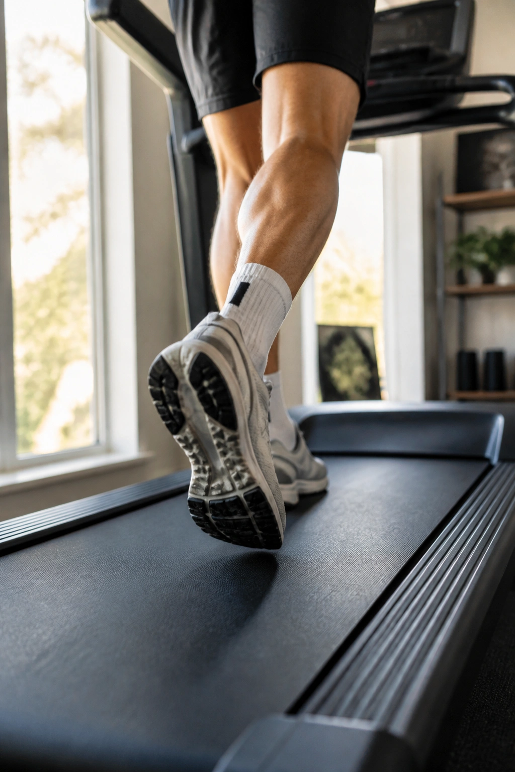 Close-up of a runner's legs on a treadmill during a long slow distance session in a home gym